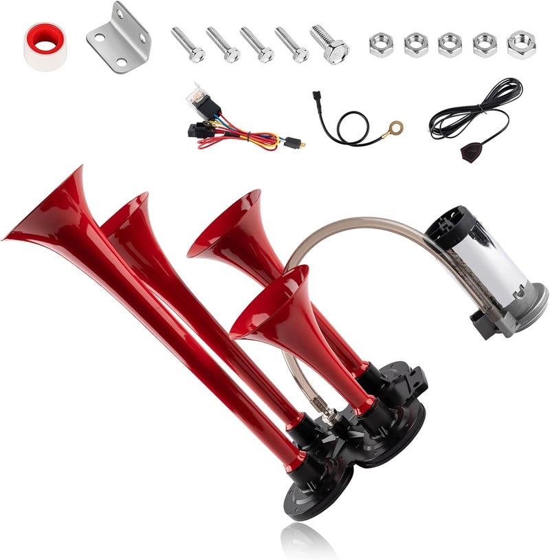 OVANOH 150db 12V Train Horn Kit，Red 4 Speakers， Air Horn With Compressor Compatible For Trucks Cars Semi Trailers Pickup Motorhome SUV Truck Train And Other Vehicles， Ultra Loud BD - Image 1